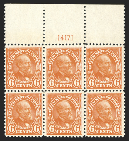 558, 6c Red orange, gorgeous full top margin plate no. 14171 block of six, radiant rich color on fresh paper, very well centered for this difficult plate block, strong and
intact perforations all around, unblemished o.g., n.h., extremely fine a