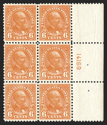 558, 6c Red orange, select right margin plate no. 14169 block of six, remarkably well centered, rich luxuriant color on fresh paper, crisp and intact perforations, o.g., n.h.,
extremely fine.