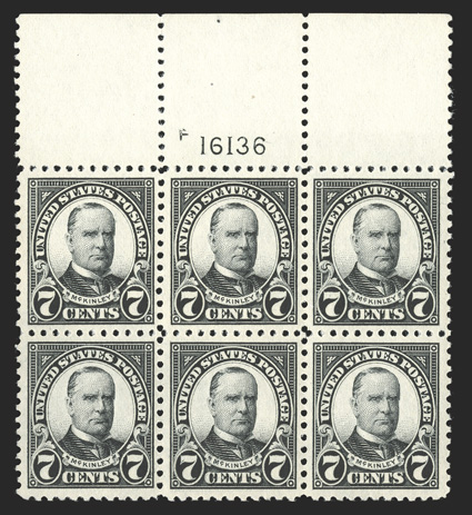 559, 7c Black, handsome full top margin plate no. 16136 block of six, wonderfully well centered, rich color on crisp white paper, post office fresh, with strong and intact
perforations, o.g., n.h., extremely fine.
