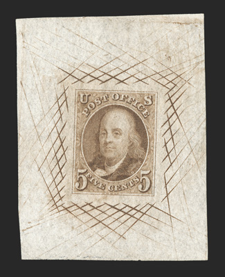 1P1a, 5c Red brown, large die proof on white bond, large size measuring 42x55mm with full cross-hatching, fresh and extremely fine.