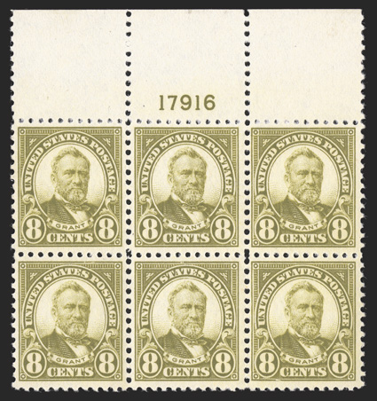 560, 8c Olive green, post office fresh full top margin plate no. 17916 block of six, remarkably well centered for this difficult plate block, rich color on crisp white paper,
strong and intact, pristine o.g., n.h., extremely fine seldom found b