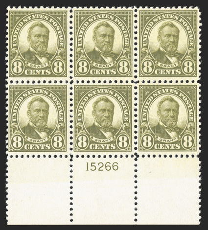 560, 8c Olive green, attractive wide bottom margin plate no. 15266 block of six, nicely centered for this, gloriously rich color, post office fresh and intact, immaculate o.g.,
n.h., choice very fine.