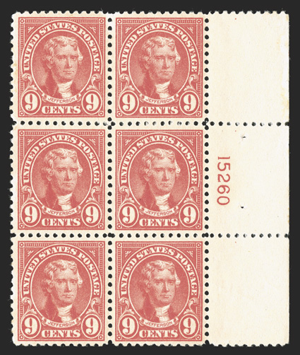 561, 9c Rose, choice right margin plate no. 15260 block of six, featuring outstanding centering throughout, vivid rich color, crisp and intact, o.g., n.h., extremely
fine.