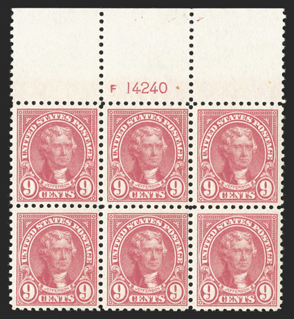 561, 9c Rose, full top margin plate no. 14240 block of six, attractively centered, fresh and intact, o.g., l.h. only in the ungummed selvage, the stamps n.h., choice very
fine.