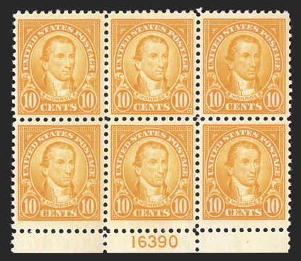 562, 10c Orange, extraordinarily choice bottom margin plate no. 16390 block of six, boasting near perfect centering, radiant color and strong perforations, o.g., n.h.,
extremely fine a gem plate block that is among the finest available.