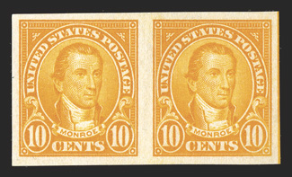 562b, 10c Orange imperforate, without gum as issued, radiant color on fresh paper, large equal margins all around, right stamp with a mild natural paper wrinkle, otherwise
extremely fine while two panes of 100 were discovered, both had large ar