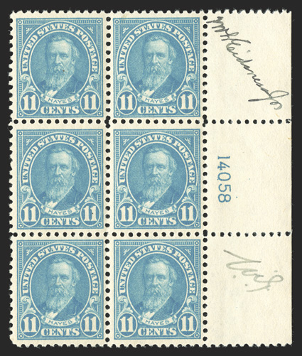 563, 563a, 11c Greenish blue, Light bluish green, right margin plate no. 14058 and left margin plate no. 17617 blocks of six respectively, both incredibly well centered and
fresh and intact, former signed in the selvage, o.g., n.h., an extremely