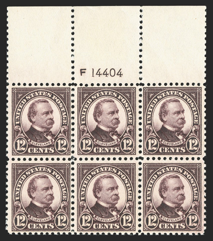 564, 12c Brown violet, eye-catching full top margin plate no. 14404 block of six, featuring striking intense color and a deeply etched impression, remarkably well centered,
post office fresh and intact, o.g, n.h., extremely fine.