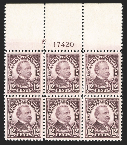564, 12c Brown violet, full top margin plate no. 17420 block of six, beautifully centered, fresh and intact, o.g., h.r. in the ungummed selvage, the stamps n.h., extremely
fine.