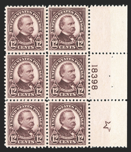 564, 12c Brown violet, handsome right margin large five-point star and plate no. 18398 block of six, exceptionally well centered, rich color on fresh paper, crisp and intact,
o.g., n.h., extremely fine.