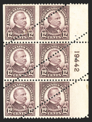 564, 12c Brown violet, striking right margin plate no. 19442 block of six, showing a dramatic diagonal misplacement of the vertical perforations, o.g., remnant of BEP paper
repair at top left, an eye-catching plate block freak.