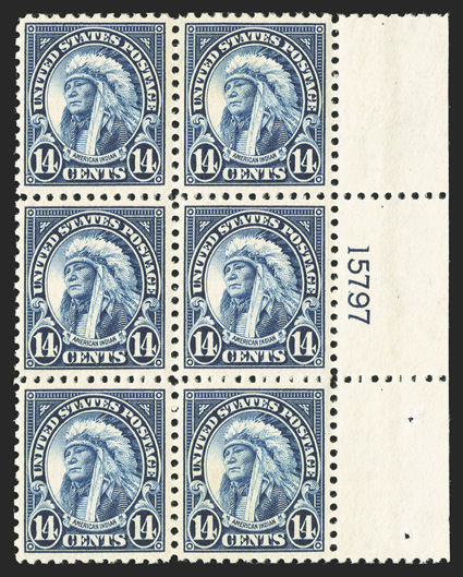 565, 14c Blue, right margin plate no. 15797 block of six, virtually perfect centering throughout, with each stamp precisely centered amid balanced margins, fresh and intact,
o.g., n.h., extremely fine a gem plate block.