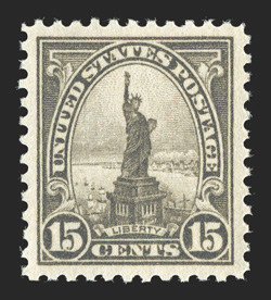 566, 15c Gray, perfectly centered amid large margins, strong rich color and a detailed impression, o.g., barest trace of hinging, superb 2010 PSE certificate (GEM 100 OGph SMQ
$100.00 for 98) one of four mint examples (the other three n.h.)