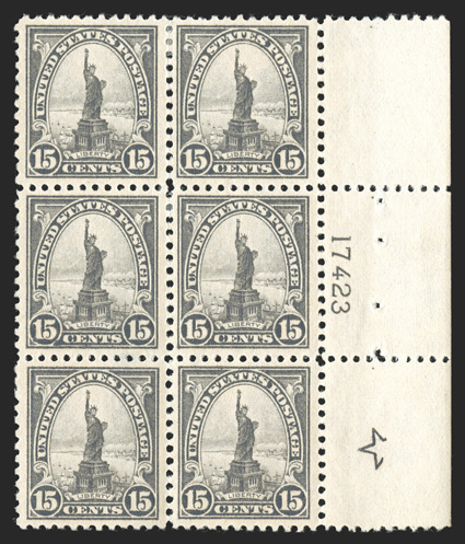 566, 15c Gray, right margin large five-point star and plate no. 17423 block of six, excellent centering, strong and intact, o.g., small h.r. at top, others l.h. or n.h.,
extremely fine.
