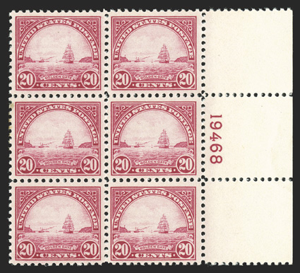 567, 20c Carmine rose, gorgeous right margin plate no. 19468 block of six, incredibly fresh, with lovely bright color on crisp white paper, wonderfully well centered and
margined, strong and intact, o.g., n.h., extremely fine and choice.
