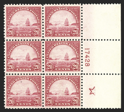567, 20c Carmine rose, wide right margin large five-point star and plate no. 17428 block of six, post office fresh, crisp and intact, o.g., n.h., bottom left stamp with a
natural inclusion, fine-very fine.