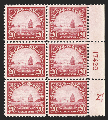 567, 20c Carmine rose, right margin large five-point star and plate no. 17426 block of six, fresh and intact, o.g., n.h., fine-very fine.