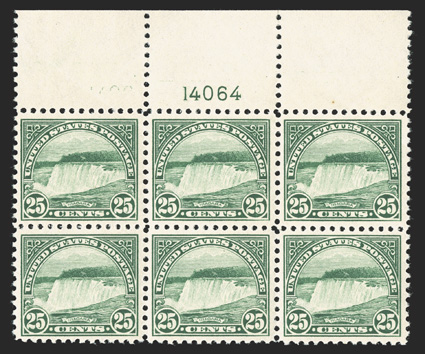 568, 25c Yellow green, select full top margin plate no. 14064 block of six, beautifully centered, post office fresh and intact, o.g., n.h., extremely fine.
