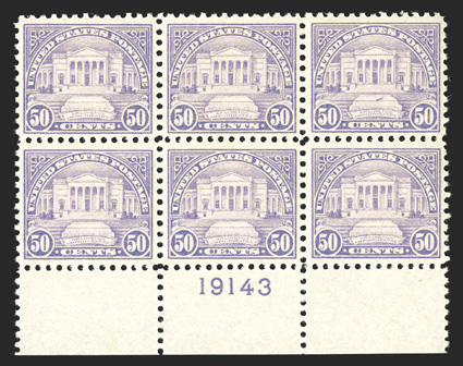 570, 50c Lilac, especially choice bottom margin plate no. 19143 block of six, exceptionally well centered for this difficult plate block, bright and fresh, o.g., n.h., trivial
natural gum skips, extremely fine almost never encountered this well