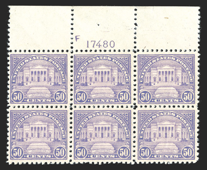 570, 50c Lilac, desirable full top margin plate no. 17480 block of six, attractively centered, strong color on fresh paper, crisp and intact, o.g., n.h., choice very
fine.