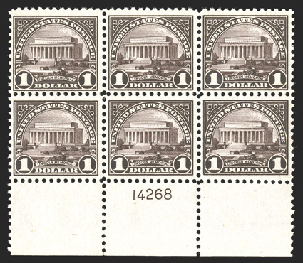 571, $1.00 Violet black, wide bottom margin plate no. 14268 block of six, intense distinctive color, well centered, fresh and intact, o.g., n.h., very fine.