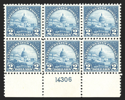 572, $2.00 Deep blue, bottom margin plate no. 14306 block of six, wonderfully well centered, rich color on bright white paper, fresh and intact, o.g., n.h., extremely fine and
choice.