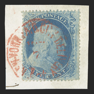 20, 1c Blue, Ty. II, tied to piece by full strike of red New York carrier datestamp, fine and attractive.