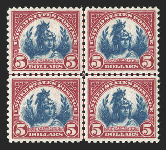 573, $5.00 Carmine and blue, center line block of four, perfectly centered, o.g., n.h., top left stamp with a perf. disc adhering to gum, extremely fine.