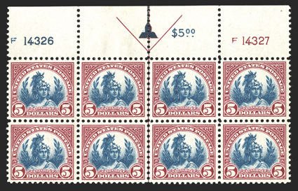 573a, $5.00 Carmine lake and dark blue, a gorgeous full top margin arrow and plate nos. 14326, 14327 block of eight, characteristic intense colors and highly detailed
impression, flawlessly centered, with each stamp being incredibly well centere