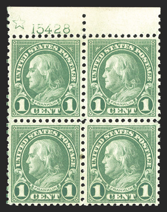 578, 1c Green coil waste, incredibly well centered top margin star and plate no. 15428 block of four, o.g., n.h., bottom stamps with small stained spots, the top stamps both
extremely fine gems.
