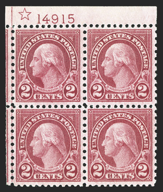 579, 2c Carmine coil waste, especially eye-appealing top margin star and plate no. 14915 block of four, separated from the sheet to include both the guide line and portions of
the adjacent stamps at left, uncharacteristically well centered for t