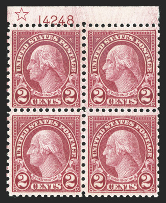 579, 2c Carmine coil waste, fresh top margin star and plate no. 14248 block of four, exceptionally well centered for this always difficult coil waste plate block, rich color,
pristine o.g., n.h., very fine seldom found both this well centered a