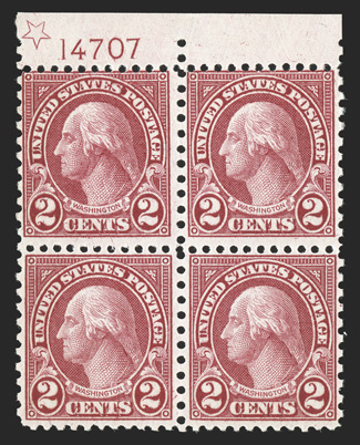 579, 2c Carmine coil waste, top margin star and plate no. 14707 block of four, deeply rich color, o.g., n.h., fine-very fine.