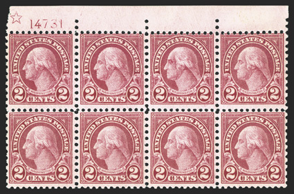 579 var., 2c Carmine coil waste, recut in eye, top margin star and plate no. 14731 block of eight, with position three as the variety which only comes once on plate 14731,
fresh and intact, o.g., l.h. in the selvage only, the stamps all n.h., fi