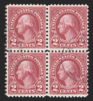 579, 2c Carmine coil waste, block of four, used with light Flint, MichiganParcel Post duplex postmark, nicely centered for a coil waste multiple, crisp and intact, fine-very
fine and rare.