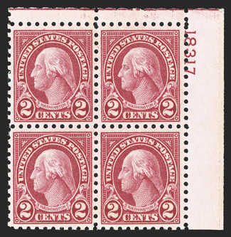 583, 2c Carmine, an impressive top right corner margin plate no. 18317 block of four, phenomenally well centered throughout, luxuriant deep color on fresh paper, o.g., n.h.,
extremely fine gem plate blocks, such as this, of any values from the