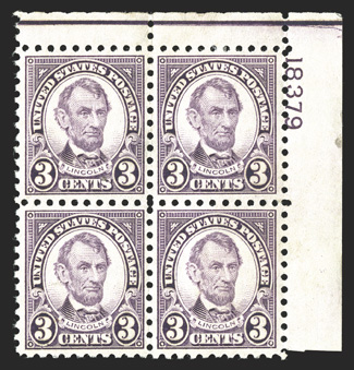 584, 3c Violet, top right corner margin plate no. 18379 block of four, incredibly well centered, bright and fresh, o.g., l.h., bottom pair n.h., bottom left stamp with a
natural gum inclusion, extremely fine.