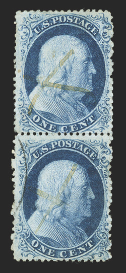 21, 22, 1c Blue, Ty. III and Ty. IIIa vertical combination pair, the top stamp Ty. III showing a generous break at top and a wide break at bottom, intense characteristic Plate 4
color, strong and intact, ms. X cancel and a bit of the datestamp