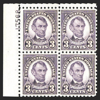 584, 3c Violet, top left corner margin plate no. 17568 block of four, excellent centering, o.g., very lightly hinged, bottom stamps n.h., choice very fine.