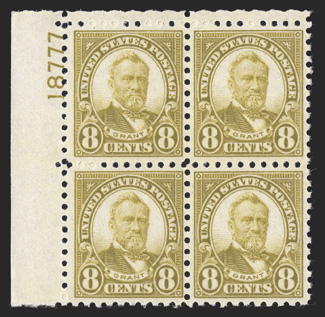 589, 8c Olive green, top left corner margin plate no. 18777 block of four, uncommonly well centered, bright and fresh, o.g., top right stamp with tiny trace of hinging, the
others n.h., choice very fine.