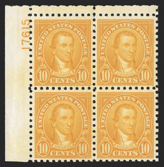 591, 10c Orange, top left corner margin plate no. 17615 block of four, incredibly well centered throughout, radiant rich color on fresh paper, o.g., l.h., extremely
fine.