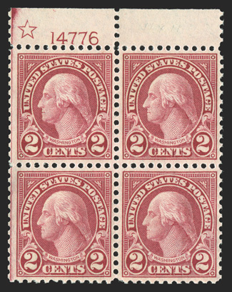 595, 2c Carmine coil waste, an extraordinary quality top margin star and plate no. 14776 block of four, possessing numerous remarkable physical characteristics, including being
in a post office fresh state of preservation, plus its centering wou