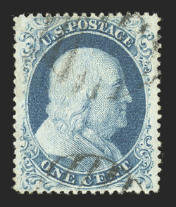 22, 1c Blue, Ty. IIIa, a superb used example in a quality that is almost never encountered on this stamp, being precisely centered within extravagantly wide margins, sumptuously
rich color and a highly detailed impression on pristine white paper