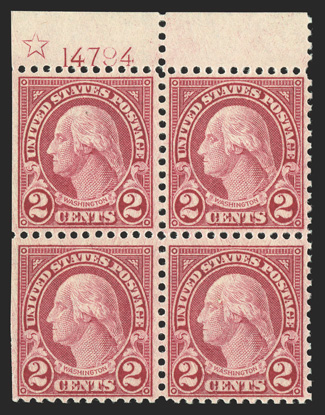 595, 2c Carmine coil waste, post office fresh top margin star and plate no. 14794 block of four, uncharacteristically well centered for a plate block of this difficult coil
waste issue, strong and intact perforations, o.g., n.h., very fine and q