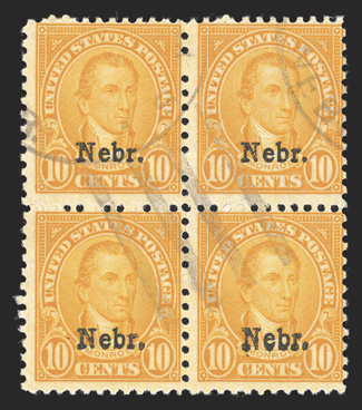 669-79, 1c-10c Nebr. ovpts. cplt., scarce used blocks of four, most lightly cancelled, fresh and intact, one 7c small tear, otherwise very good to very fine
set.