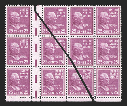 829 var., 25c Deep red lilac, pair with full vertical gutter, three such pairs contained in a block of twelve, caused by foldover that splices the block diagonally, leaving one
intact gutter pair at bottom, diagonal crease affects intact pair, o