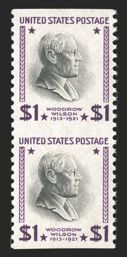 832a, $1.00 Purple and black, vertical pair, imperforate horizontally, well centered and exceptionally fresh, o.g., n.h., each with light pencil position number (67 and 77) on
reverse, very fine a choice example of this rare error, with only on