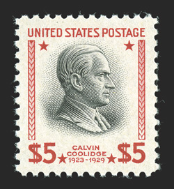 834, $5.00 Carmine and black, flawlessly centered within exceptionally wide margins, wonderfully bright and fresh, o.g., n.h., an extremely fine gem 2010 PSE certificate
(Superb 98 Jumbo SMQ $850.00) one of four to grade 98J, with just one gr