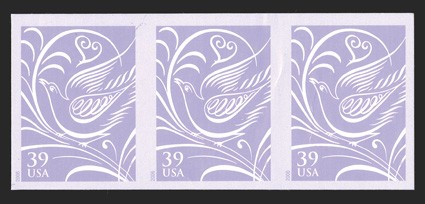 3998b var., 39c Wedding doves, die cutting omitted, horizontal strip of three, full original backing, a couple light internal creases, otherwise very fine the first example of
this error we have ever offered 2010 PF certificate.