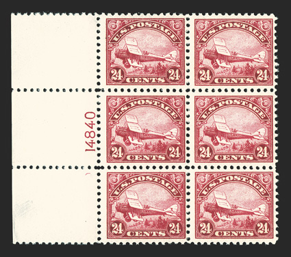 C6, 24c Carmine, full left margin plate no. 14840 block of six, deep vibrant color, o.g., n.h., fine-very fine.